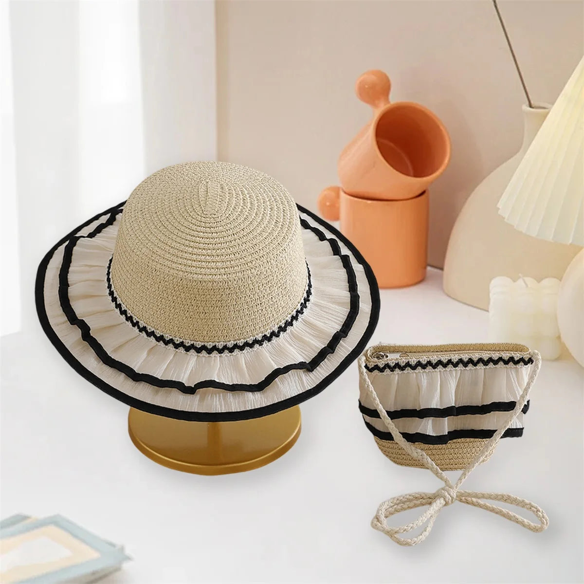 Children s Girl Patchwork Wide Brim Straw Hat and Bag Set for Summer Beach Vacation - Adorable Sun Protection Accessories for