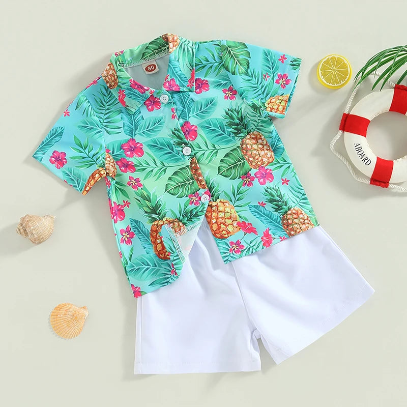 Baby Boy Summer Outfits Hawaiian Print Short Sleeve Shirt Denim Shorts Set for Toddler Boys