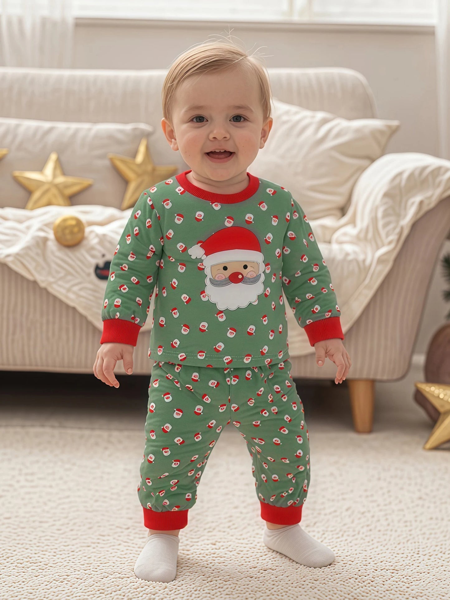 Toddler 2-Piece Christmas Pajama Set with Reindeer Print Long Sleeve Top and Pants Festive Holiday Sleepwear for Kids