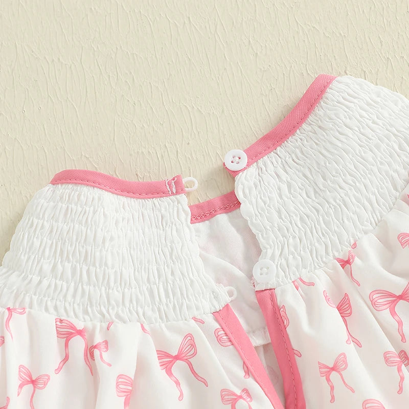 Cute Baby Girls Floral Print Ruffle Sleeve Round Neck Casual Dress Toddler Summer Dress with Bow Detail and Embroidered Letters