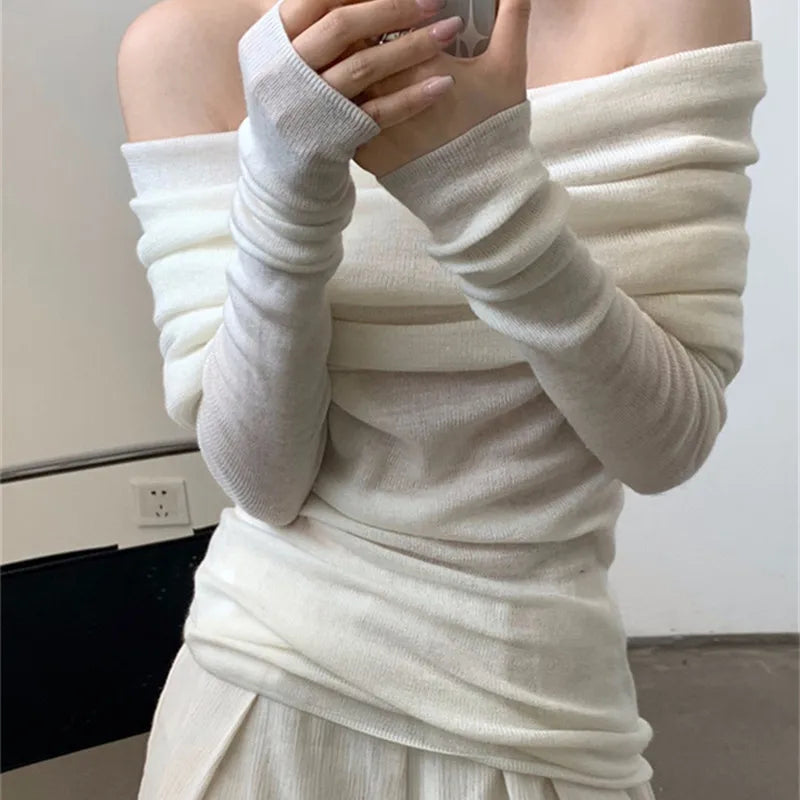 Autumn Long Sleeve Off-shoulder Women Sexy Sweater Elegant Solid Color Slim Fit Knitted Top Fashion Pullover Knitwear
