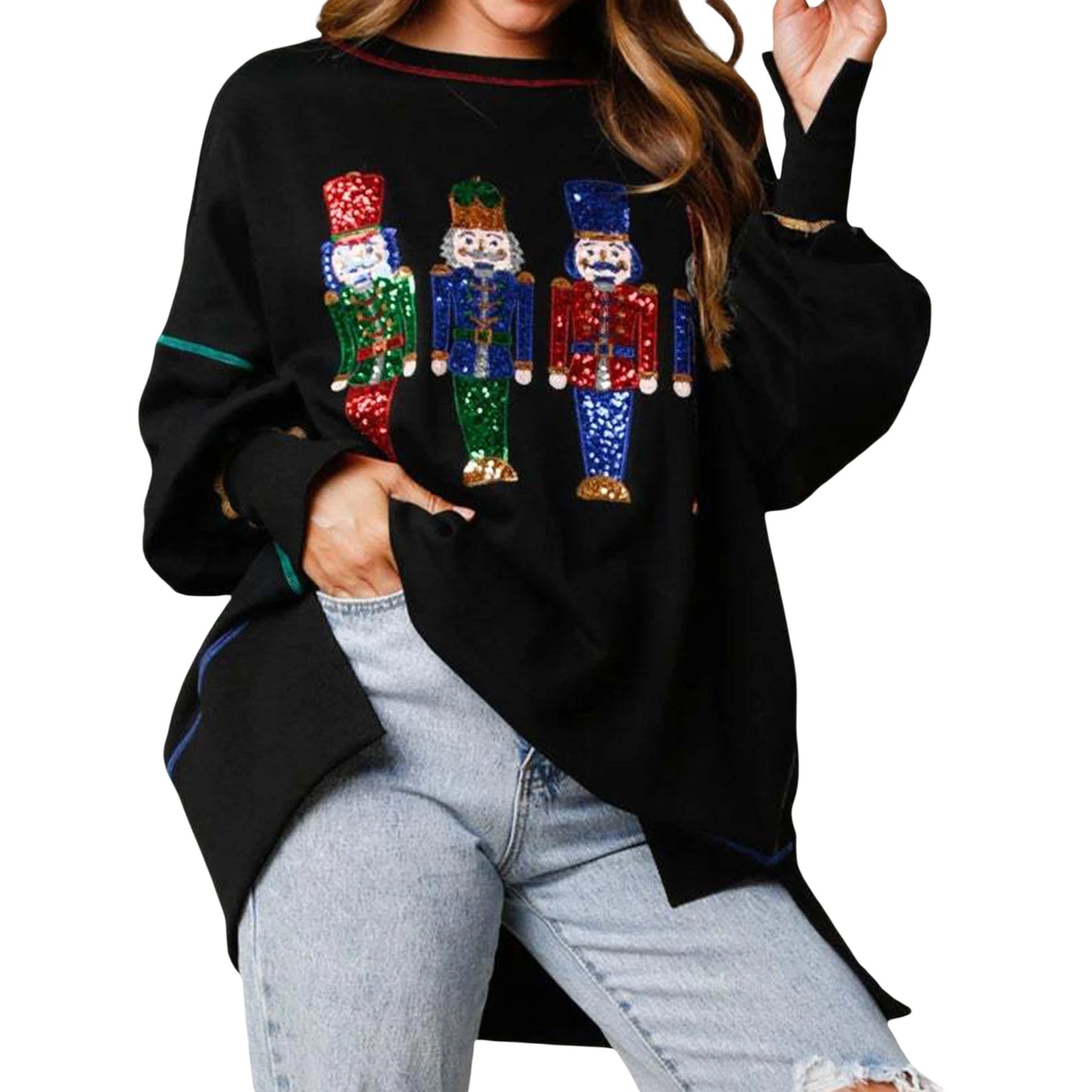 Women s Loose Sweatshirt Sequins Cartoon Person Crew Neck Long Sleeve Pullovers Fall Winter Casual Tops Shirts