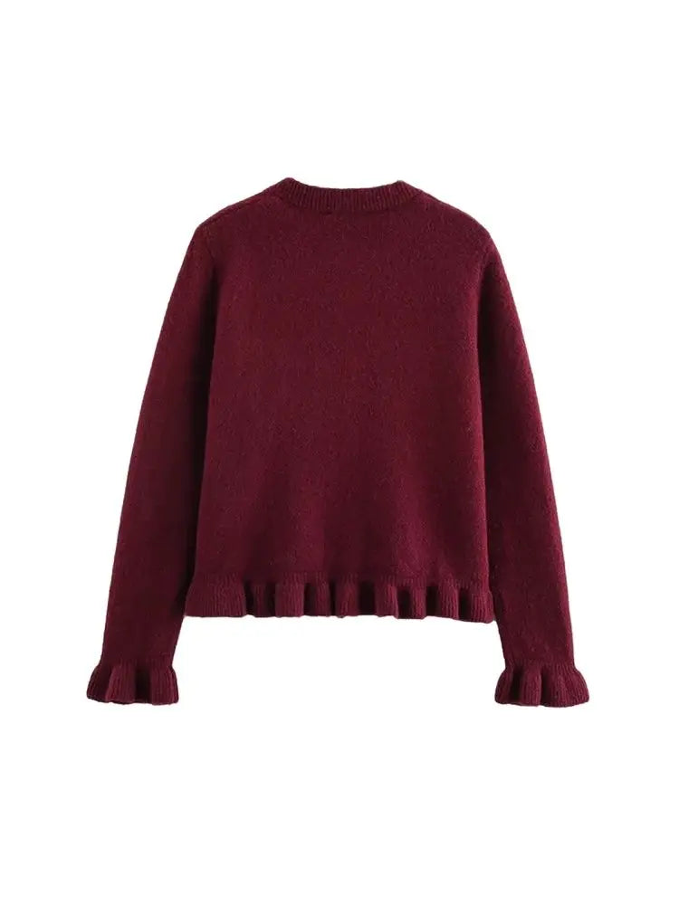 Women's Ruffled Knit Cardigan Sweater O-Neck Long Sleeve Chic Top with Front Buttons Fashion Outerwear