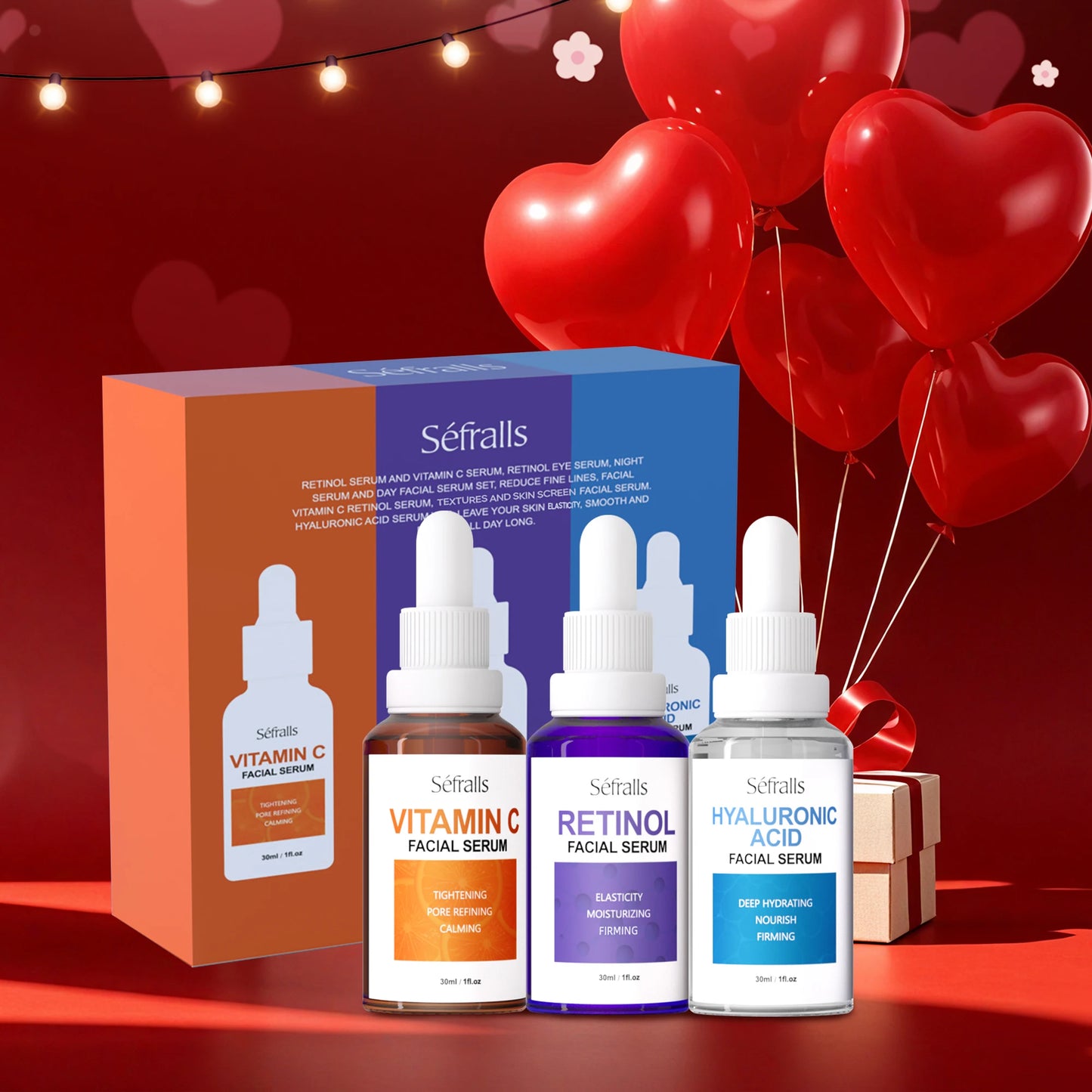 Séfralls Hyaluronic Acid VC Serum with Vitamin C and A. It offers firming effect, hydrates, whitens, shrinks pores, is anti