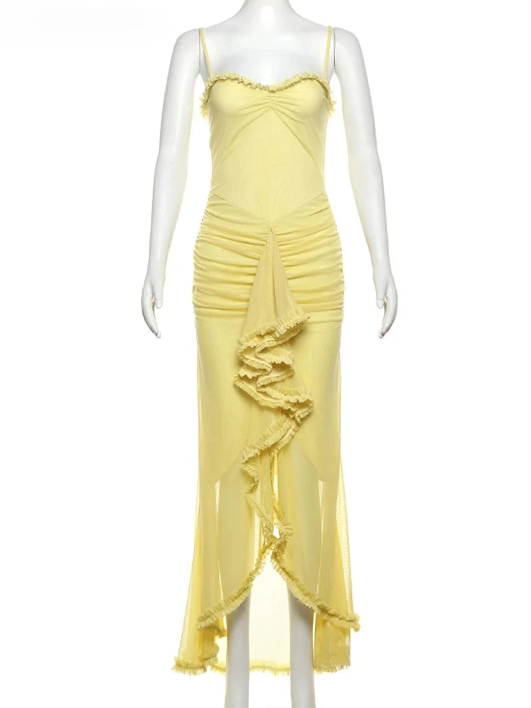 Weird Puss Ruffles Bandage Dress Women Sexy Backless Sleeveless Tassel Lace-Neck See Through Slits Hem Prom Party Long Bodycon