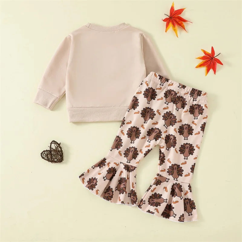 Toddler Girl Thanksgiving Outfits Letter Embroidered Crew Neck Long Sleeve Sweatshirts Turkey Print Flare Pants 2Pcs Clothes Set