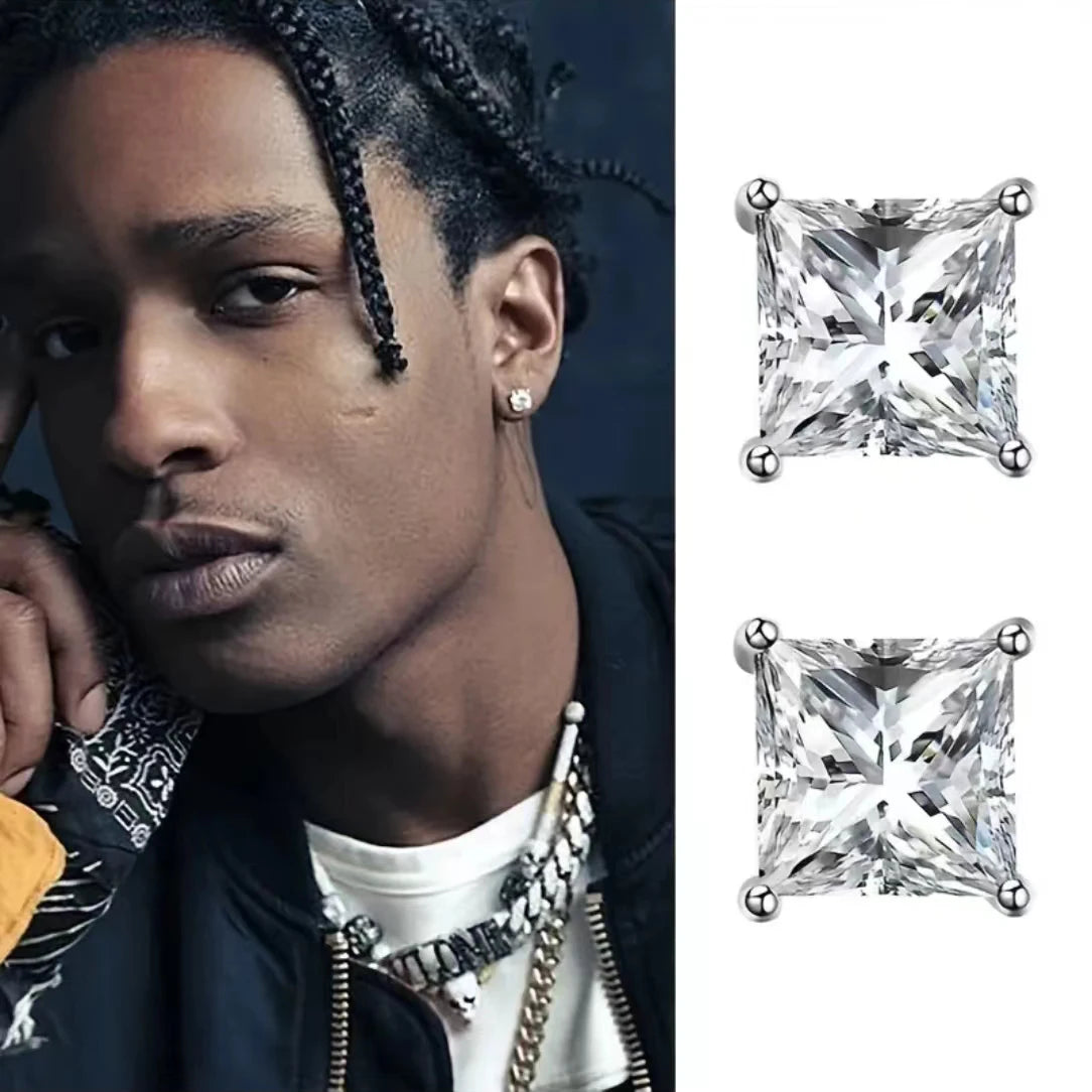 JIUZUAN 2pcs/pair S925 Moissanite Square Lab Created Stud Earrings, Men's Hip Hop Jewelry, Christmas Gifts