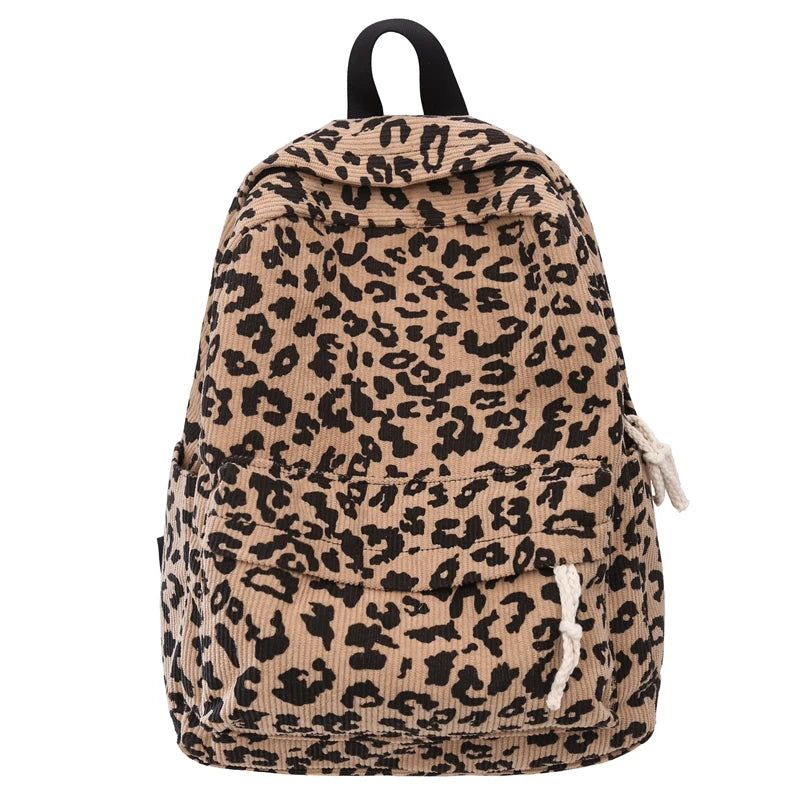 Corduroy Leopard Backpack Teenagers School Bag Large Capacity Stylish Shoulder Backpack Multi Pockets Travel Rucksack