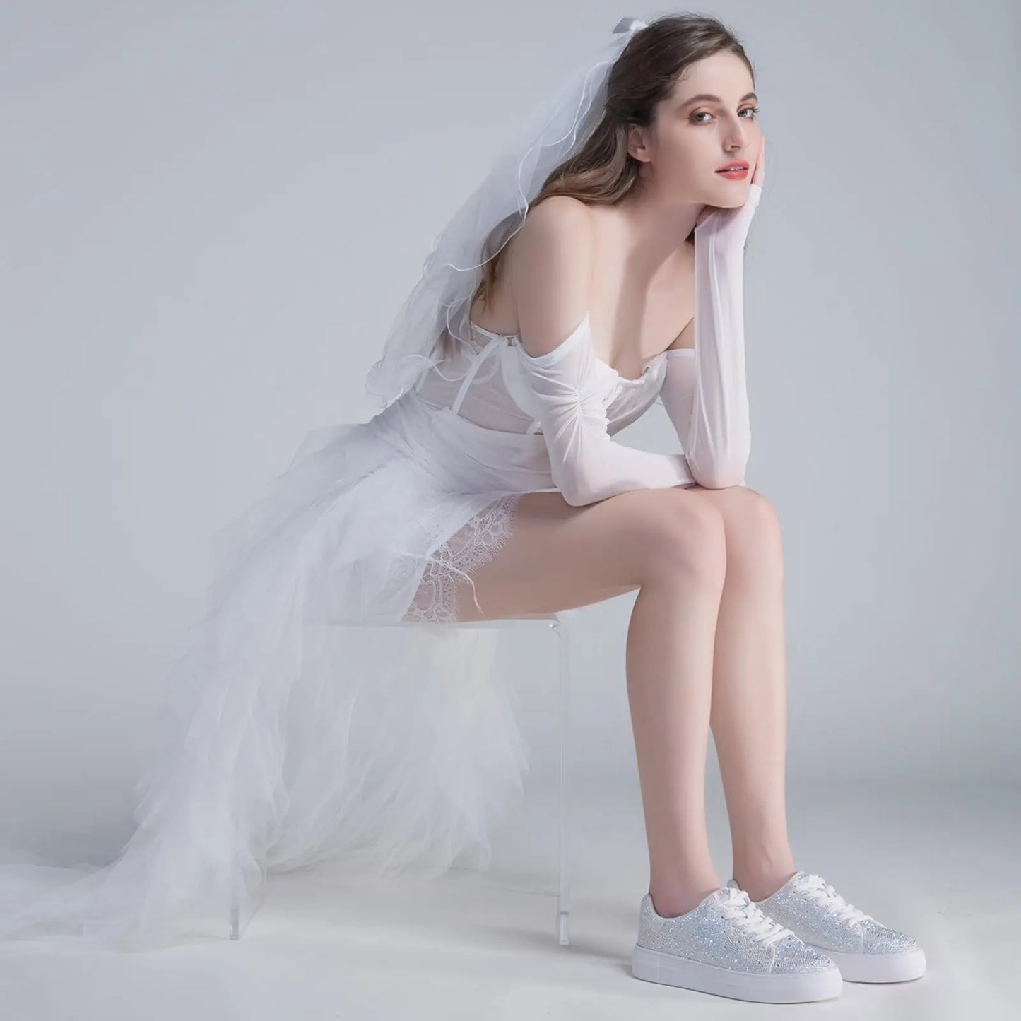 Sparkle Rhinestone Sneakers for Women Bling Sneakers Rhinestone Sneakers White Shoe Glitter Fashion Bedazzled Platform Tennis Sh