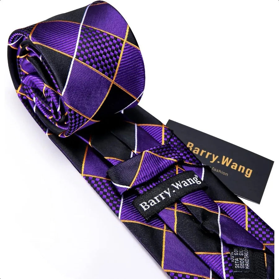 Barry.Wang Plaid Ties Check Mens Necktie Set with Handkerchief Cufflinks Classic Stripe