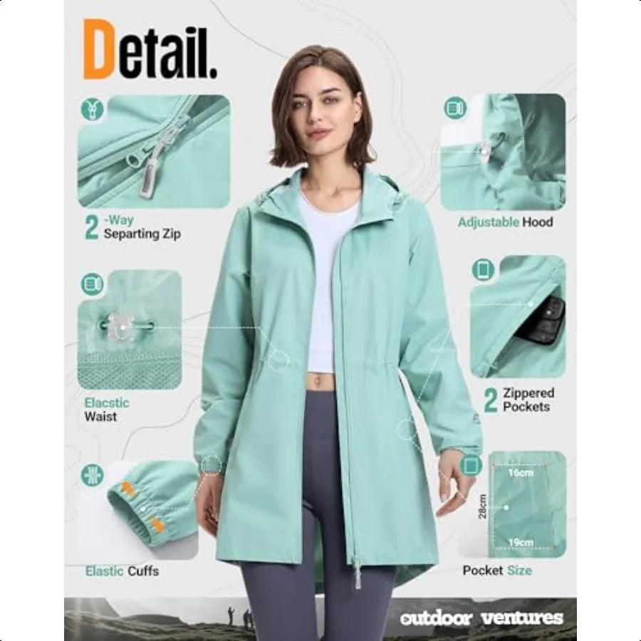 Outdoor Ventures Women's Waterproof Long Rain Coats Packable Lightweight Rain Jacket With Hood Windproof Trench Coats