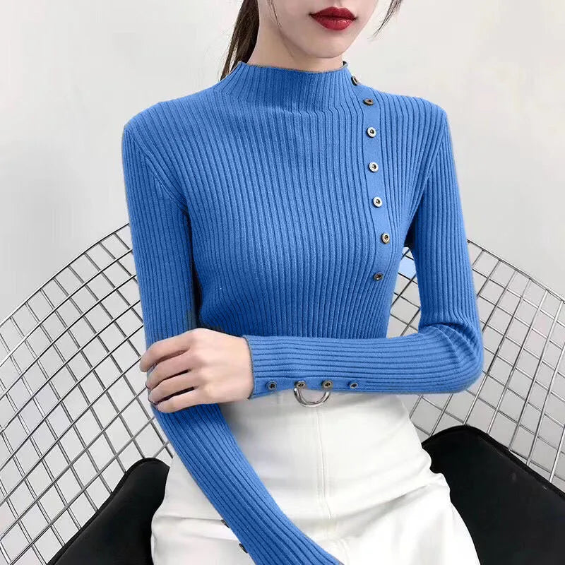 2025 Women Autumn Knitted Slim Sweaters Solid Knitted Female Cotton Soft Elastic Color Pullovers Button Full Sleeve Turtleneck