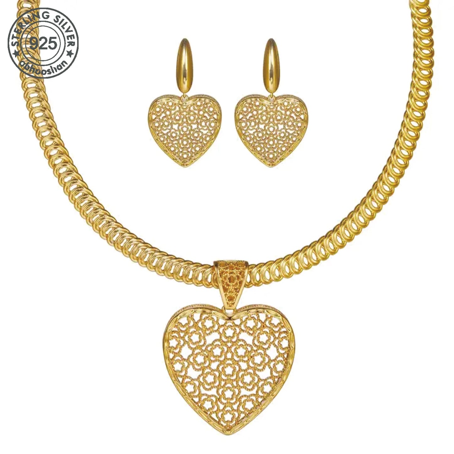 925 Silver, 2 Piece Elegant 18K Gold Plated Jewellery Set - Boho Chic Heart Pendant Necklace and Matching Earrings, Anti-Allergy