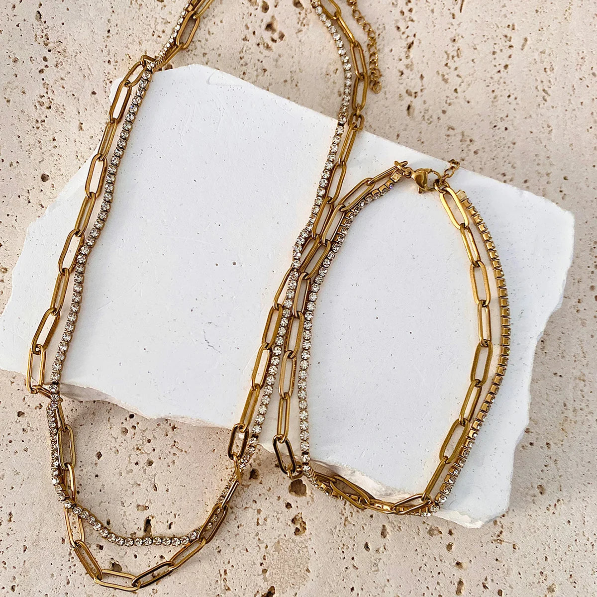 Lxalry 18K Gold Plated Waterproof Double Layer Chain Necklace & Bracelet Set – Non-Tarnish, Hypoallergenic, Summer Jewelry