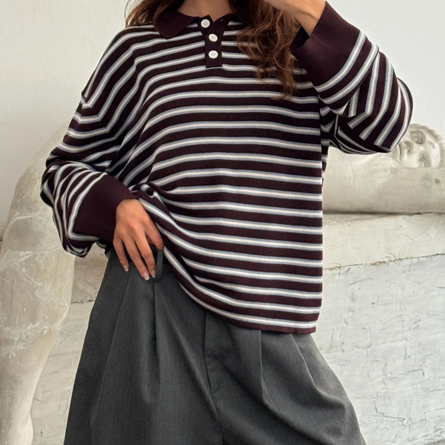 Women s Striped Collared Sweater with Loose Fit and Long Sleeves - Stylish Pullover Knit Top for Casual Winter and Fall Fashion