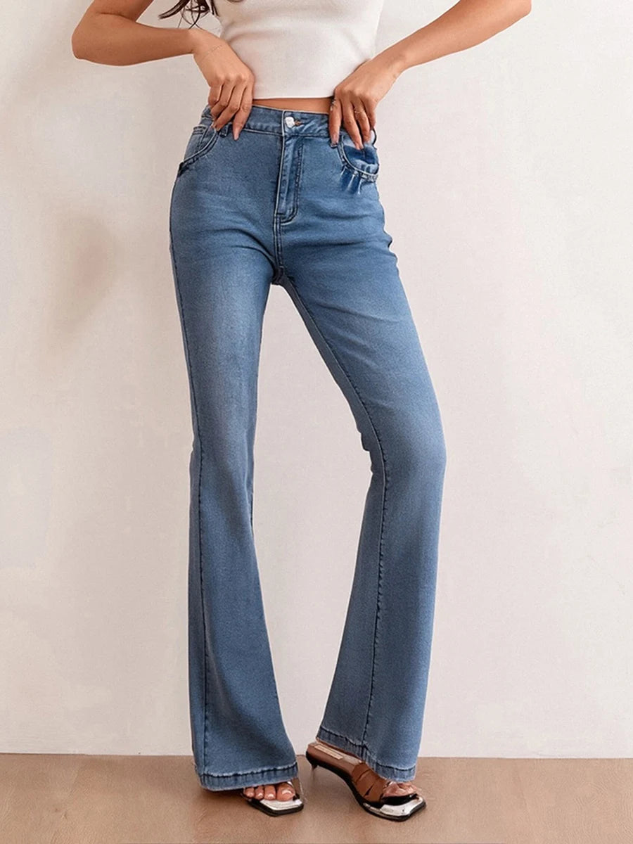 Women s High Waist Flare Jeans with Embroidered Floral Detailing Vintage Bell Bottom Denim Pants Stylish Long Trousers