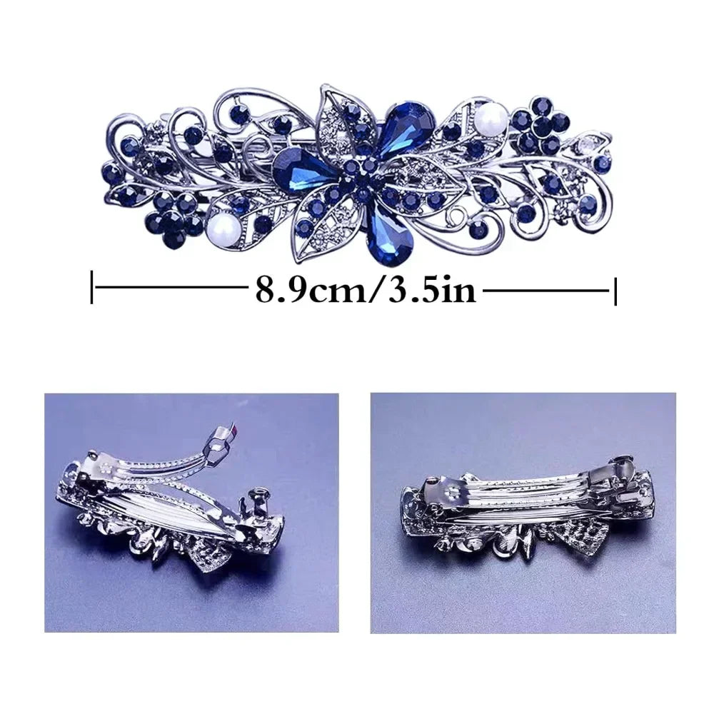 Hair Barrettes for Women Ladies, Flower Crystal Rhinestones Barrettes Pearl Spring Hair Clip Accessories Women Fashion Ponytail