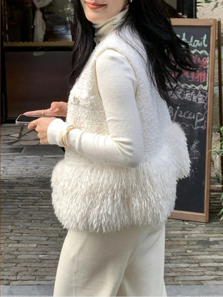 White sleeveless vest small coat elegant casual autumn and winter fashion tassel vest top short style gentle style for women