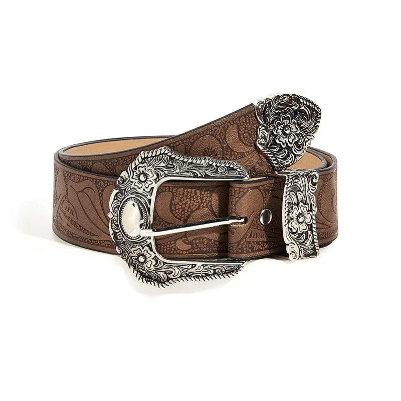 Western Brown PU Leather Vintage Belt Female Cowgirl Waist Belt with Metal Caved Buckle 3set Designer Belts For Women Jeans