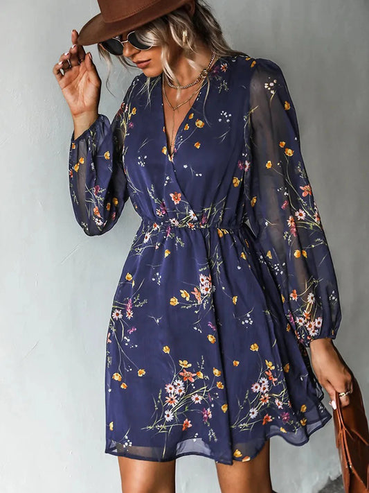 New Women's Floral Printed Chiffon V-Neck Mini Dress, Comfortable Fit, Suitable for Summer Vacation and Daily Wear