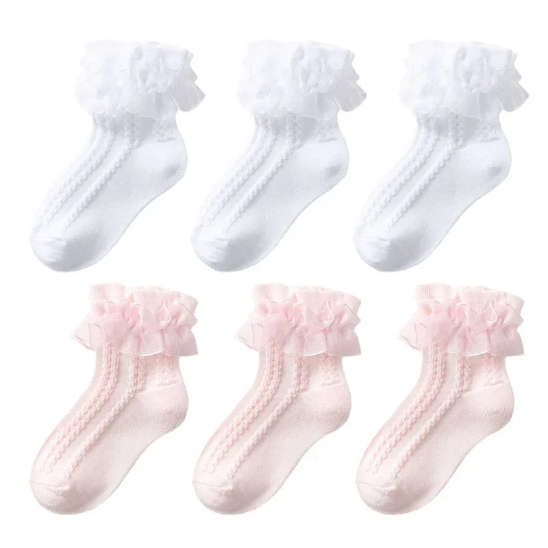 3/6 Pairs Girls Lace Ruffle Socks Cotton Breathable Comfy Adorable Princess-Style Kids Dance-Ready Socks with Frilly Trim