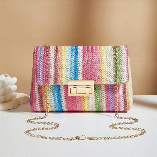 Colorful Striped Rattan Crossbody Bag Boho Woven Purse Shoulder Bag for Women Summer Beach Vacation Accessory