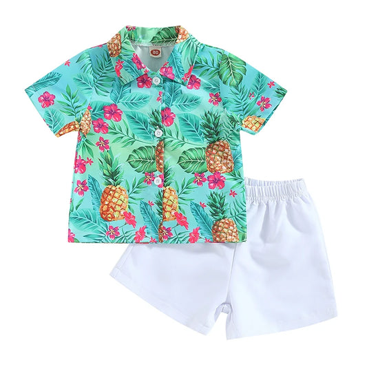 Baby Boy Summer Outfits Hawaiian Print Short Sleeve Shirt Denim Shorts Set for Toddler Boys