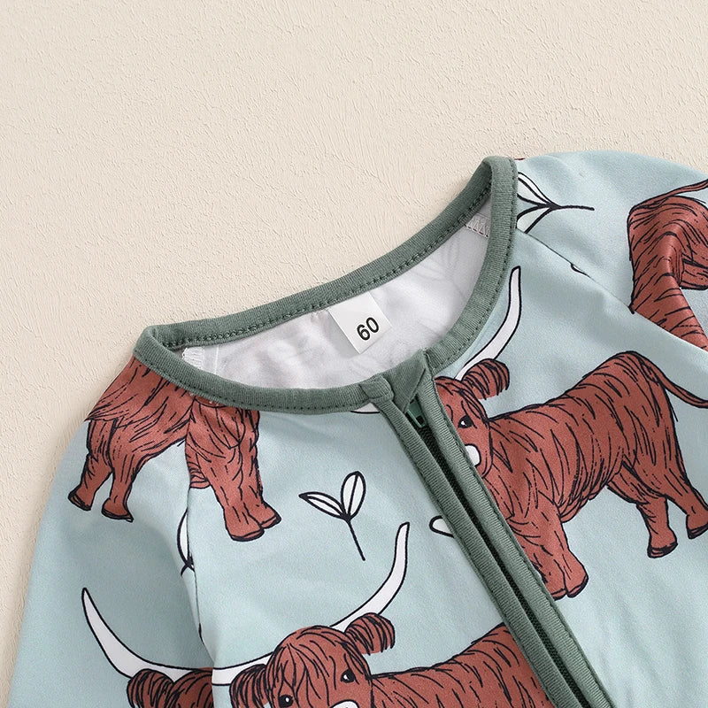 Infant Toddler Cow Print Round Neck Long Sleeve Zip-Up Western Romper Jumpsuit for Autumn - Unisex Baby Full Length Outfit