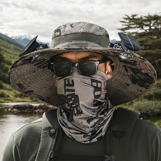 Wide Brim Outdoor Sun Hat with 2 Solar Fan Wide Brim Bucket Hat Fisherman Hat for Men Swim Hat Outdoor Fishing Hat USB Charging