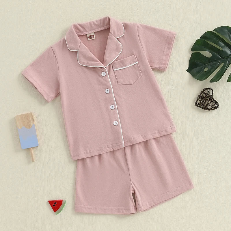 Girls Summer Pajama Set with Short Sleeve Patchwork Shirts and Elastic Waist Shorts - 2 Piece Lounge Suit for Sleepwear