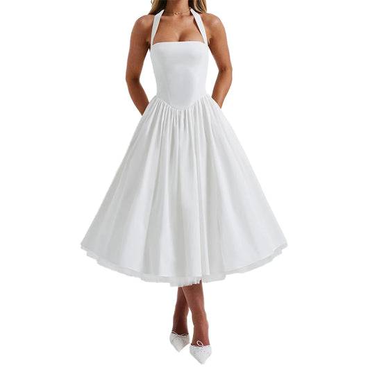 Elegant Sleeveless Midi Dress with Tie-up Halter Neck and Open Back Women s A-line Tank Dress in Solid Color Cross Design