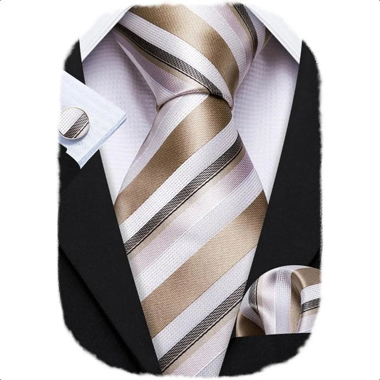 Barry.Wang Man Stripe Ties Set Silk Woven Pocket Square Necktie Cufflinks Formal Party Business