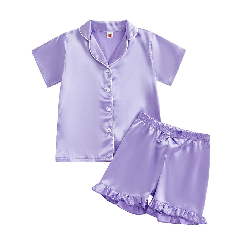 Infant Girl s Cute Summer Pajama Set with Button Down Lapel V Neck Top and Ruffled Shorts for Comfortable Lounge Wear - 2 Piece