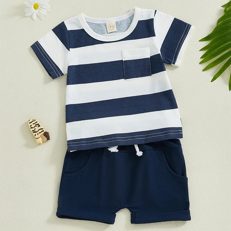 Boys Summer Outfit Set Short Sleeve Striped Tee and Solid Color Shorts Set with O Neck Design for a Stylish Look