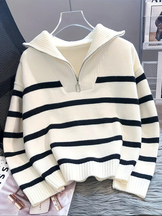 Autumn and Winter New Fashion Woman Sweater Thickened Zipper Striped Undershirt Short Pullover Top Women's Clothing