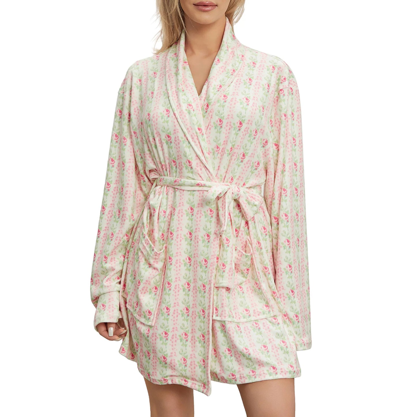 Women s Elegant Floral Print Long Sleeve Belted Robe with Lapel Collar and Convenient Pockets for Spring and Autumn Nights