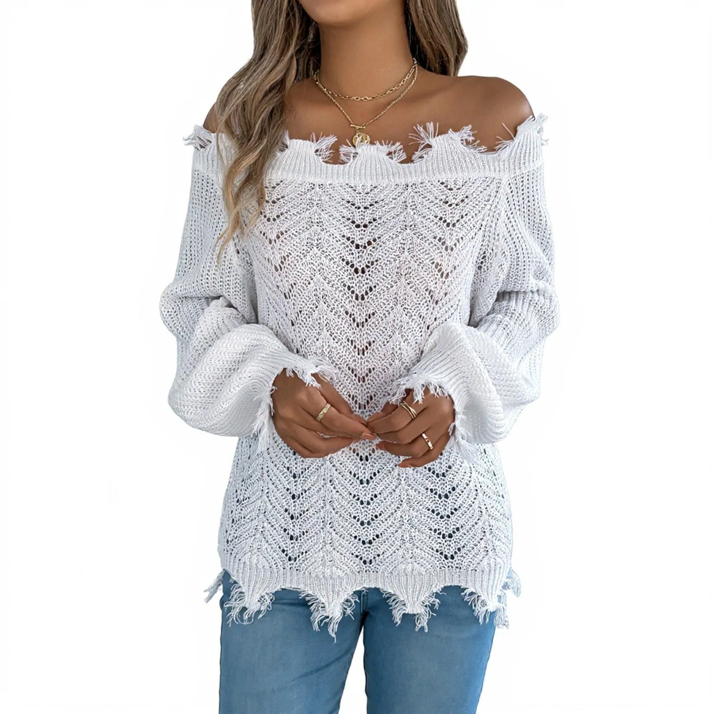 2025 New Women'S Fashion Solid Color Hollow Long Sleeve Cut Off Shoulder Pullover Sweater Ropa De Mujer Winter Clothes Woman