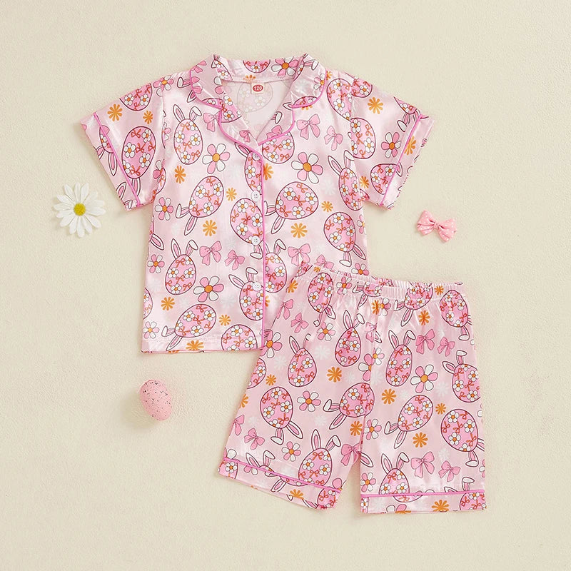 Adorable Toddler Girl Easter Pajamas Set with Egg and Floral Print Short Sleeve Lapel Tops and Elastic Waist Shorts Sleepwear