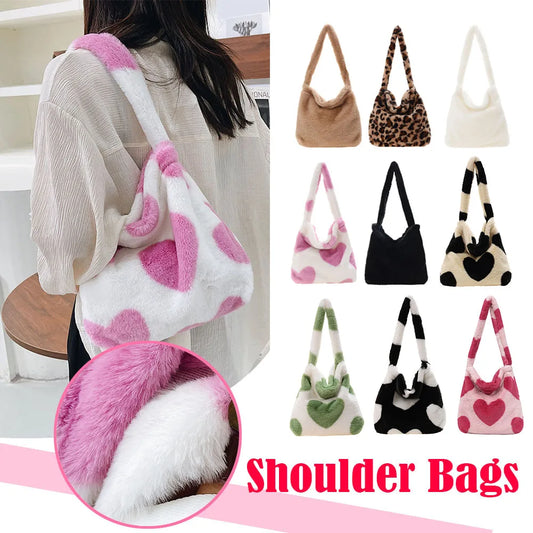 Women Fashion Plush Shoulder Bag Large Capacity Heart Fluffy Commuting Bag Simple Shopping Bag Furry Messenger Bag Chic Hobo Bag