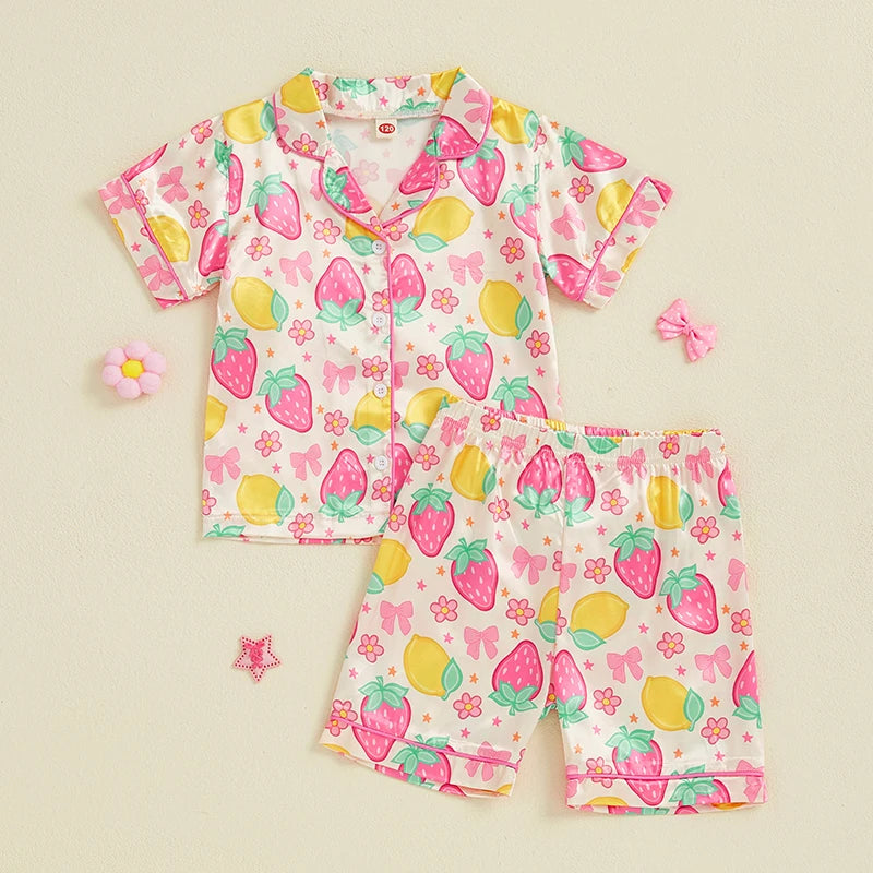 Girls Cute Summer Pajama Set with Bow Detail Fruit Print Lapel Collar Short Sleeves Button Down Top Shorts and Satin