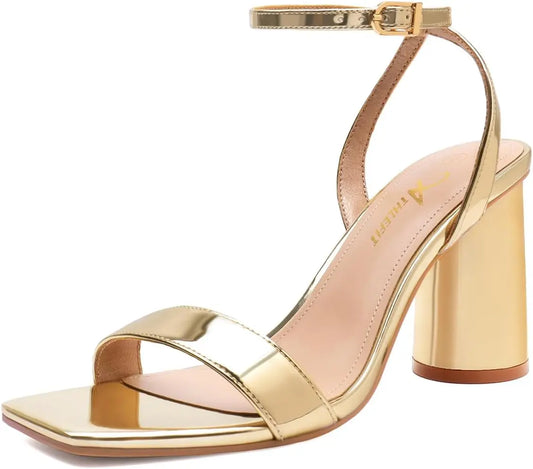 Women's Strappy Chunky Block Heels Fashion Square Open Toe Heeled Sandals Ankle Strap Wedding Party Shoes