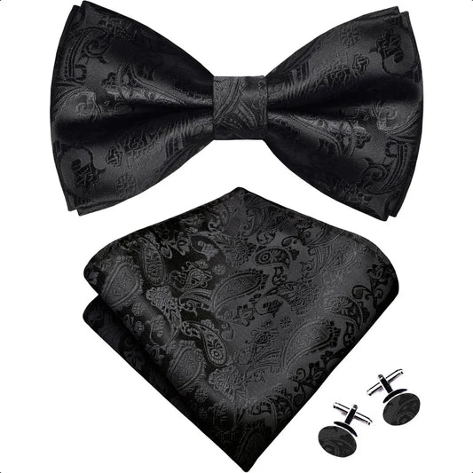 GUSLESON Mens Paisley Bow Tie Handkerchief Jacquard Woven Adjustable PreTied Bowties Pocket Square Cufflinks Set