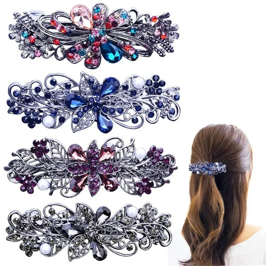 Hair Barrettes for Women Ladies, Flower Crystal Rhinestones Barrettes Pearl Spring Hair Clip Accessories Women Fashion Ponytail