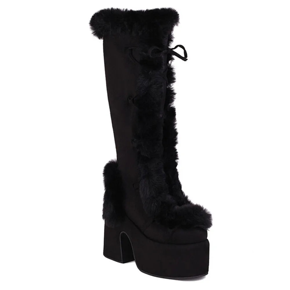 GIGIFOX Mid Calf Furry Winter Snow Boots for Women Flock Faux Fur Platform Chunky High Heel Fleece Side Zipper Punk Warm Boots