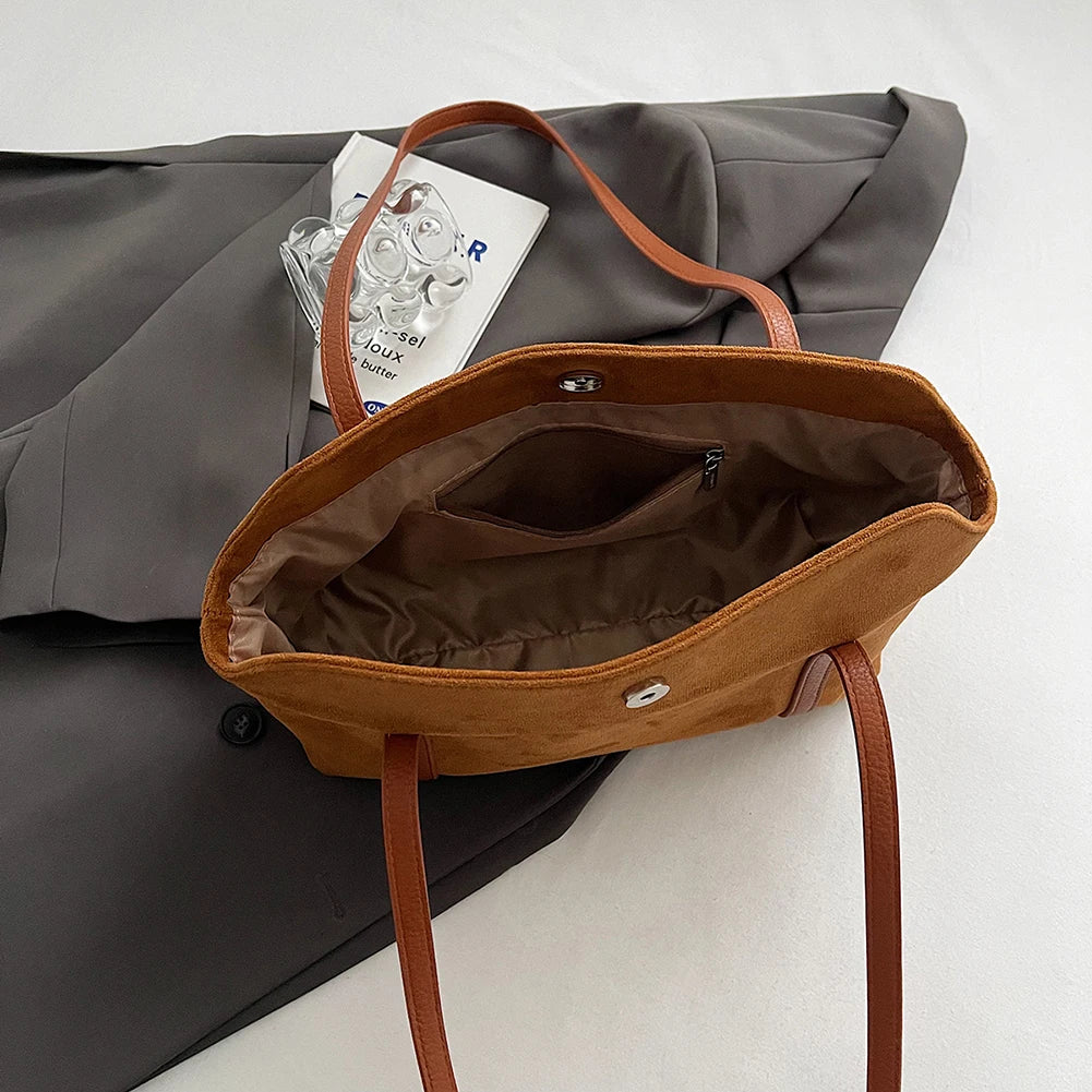 Women Suede Shoulder Bag Large Capacity Flap Underarm Bag Solid Retro Handbag Clutch Purse for Work Travel