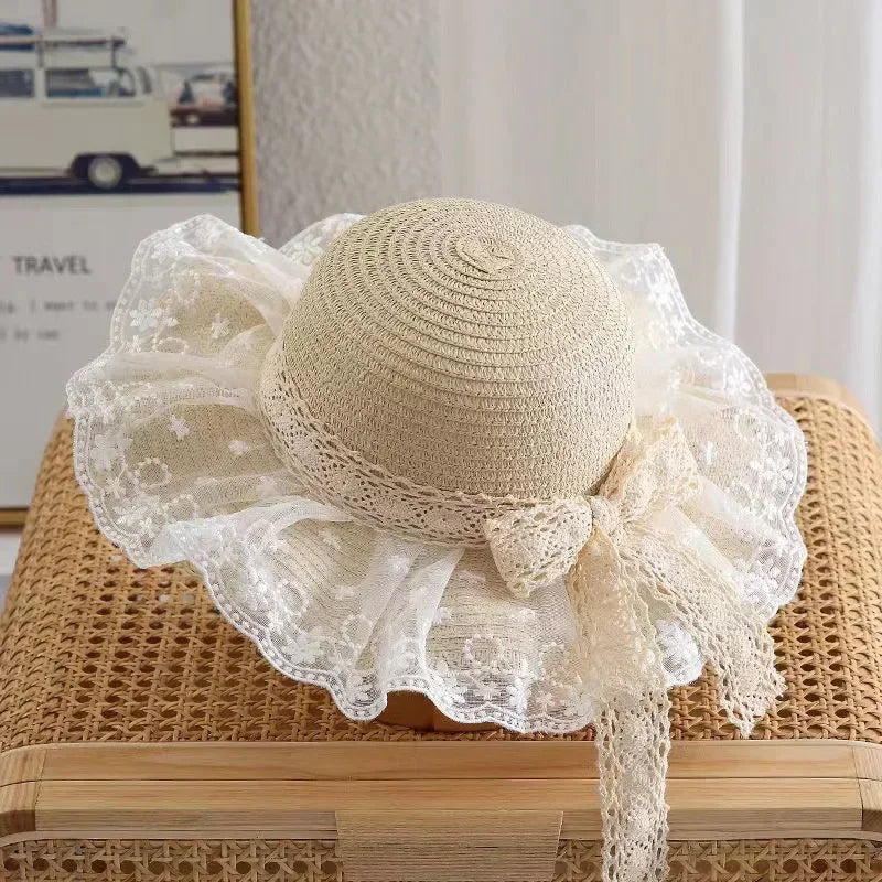 Summer Baby Girl Straw Hat Solid Color Lace Ruffle Kids Fisherman Cap Outdoor Beach Caps Sunshade Wide-brim Bucket Hats