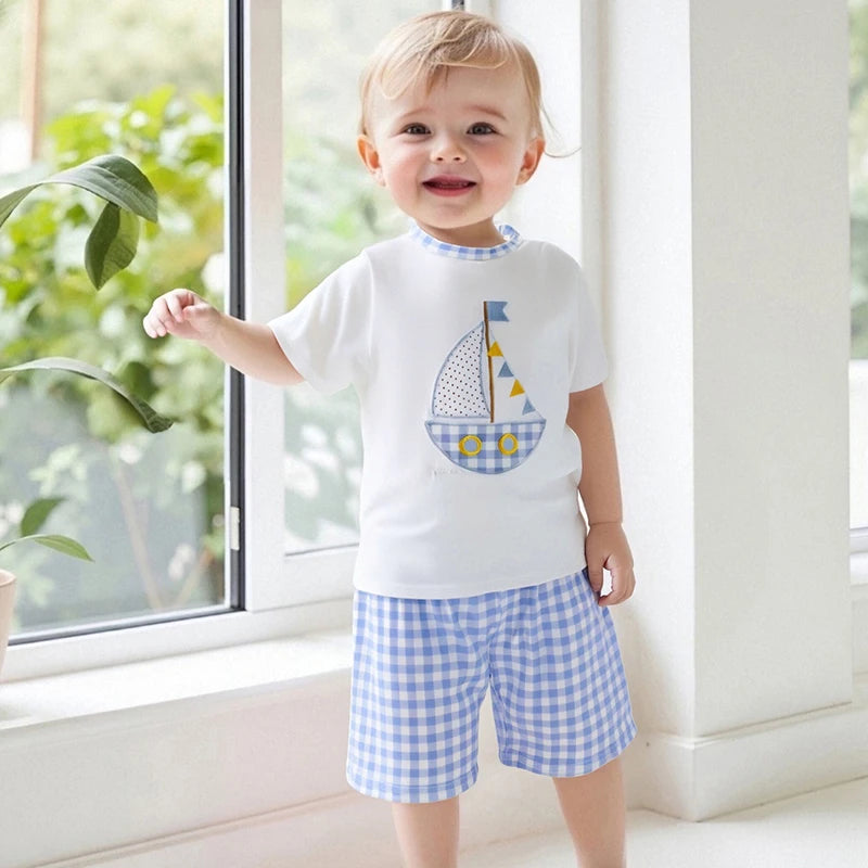 Adorable Infant Boy Nautical Theme Outfit with Anchor Applique Tee and Striped Shorts Set for Summer Fun
