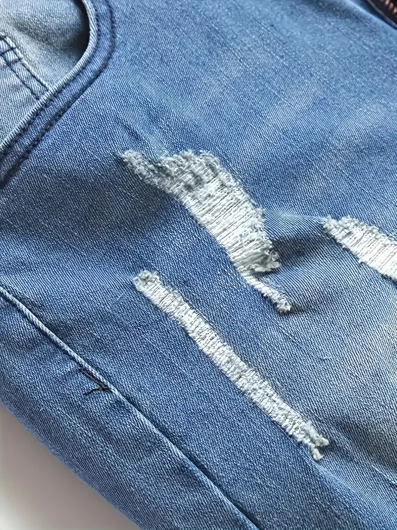 Men'S Slim Fit Distressed Jeans - Stretch Denim, Ripped Detail, Mid-Rise, Street Style, Light Blue, All-Season Casual Wear, Stre