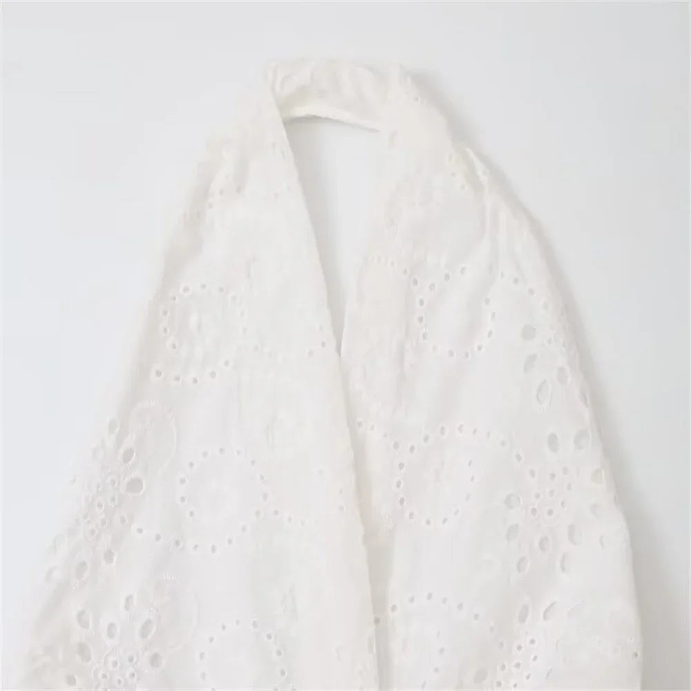 LIBIELIY Women's Hollow Embroidered Hanging Neck Dress Solid Color Decoration Spring/Summer Casual Women's Wear