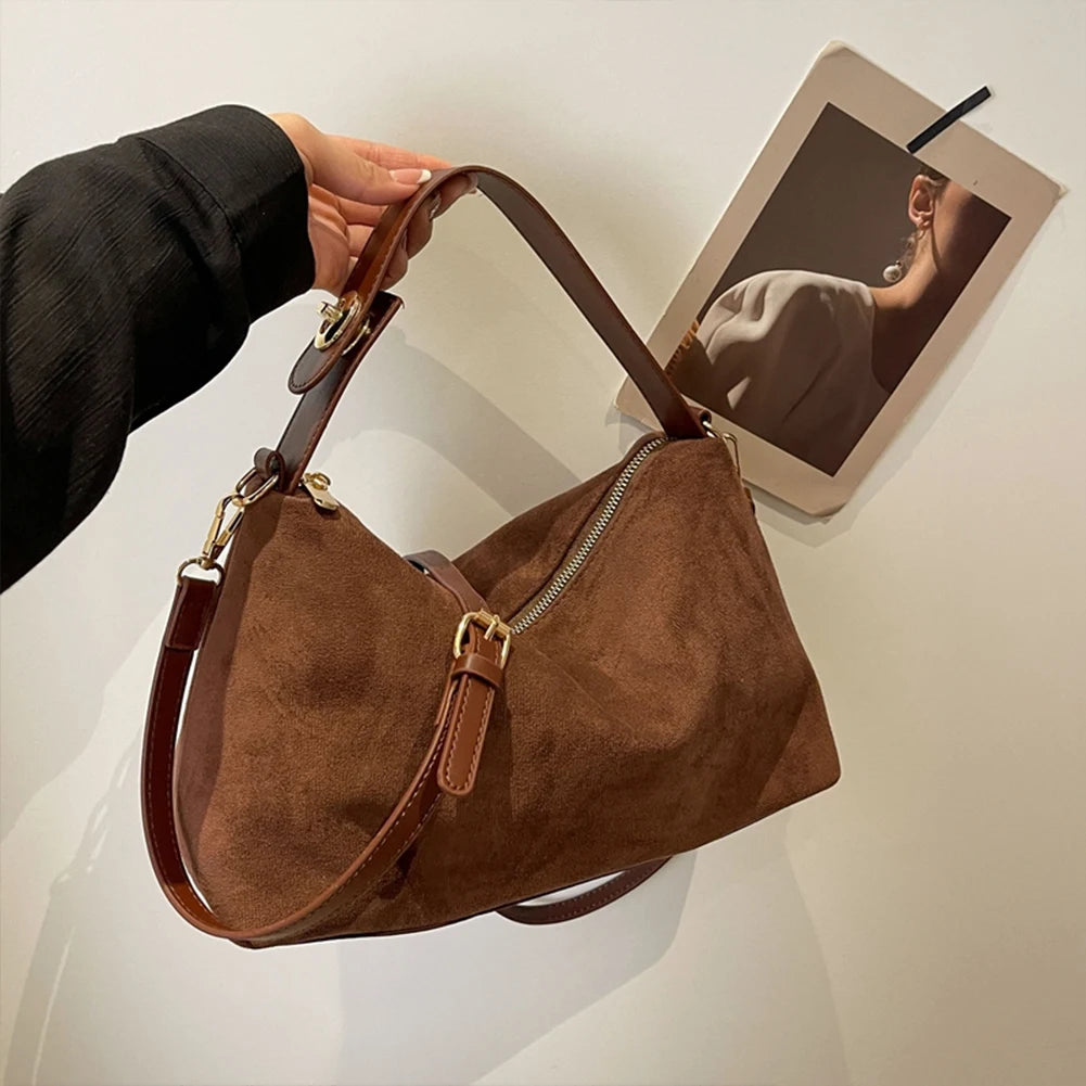 Women Suede Shoulder Bag Adjustable Strap Hobo Purse With Inner Pocket Satchel Purse Zipper Clutch Purse for Work Travel